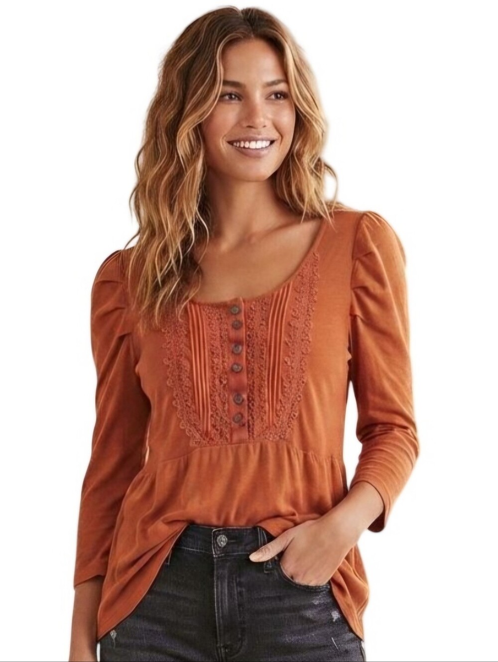 Free People Orange/Rust Crochet Button-Front Tunic Rayon Babydoll Dress Size S